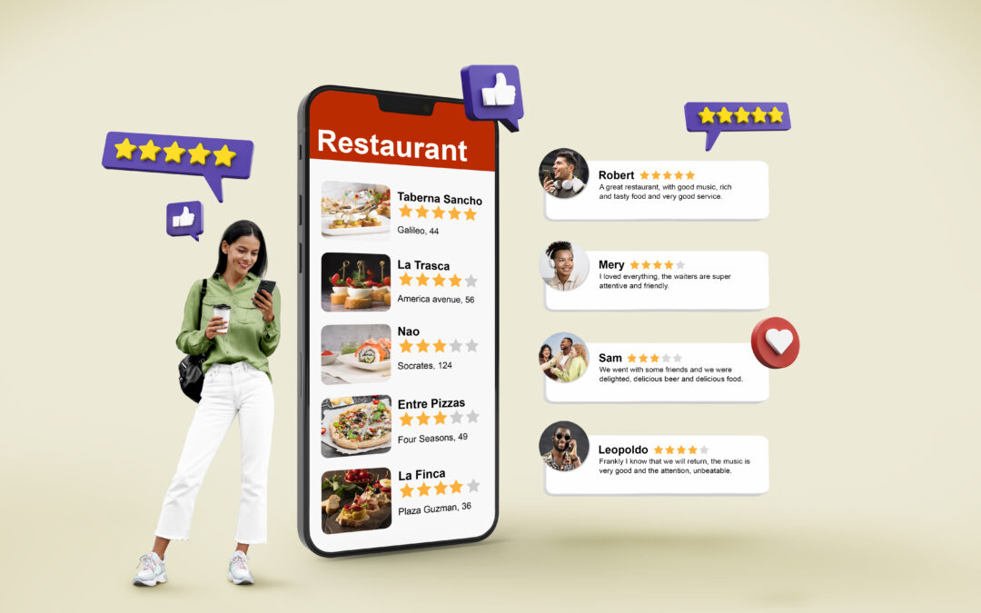 women looking at online reviews of small business restaurants